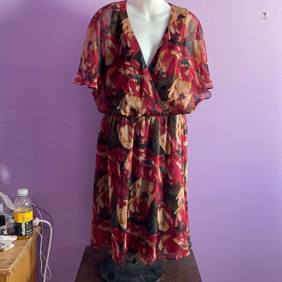 Lauren Ralph Lauren Red Black Leaf Print V-Neck Dress Size 12 | Women's Midi - Picture 1 of 3
